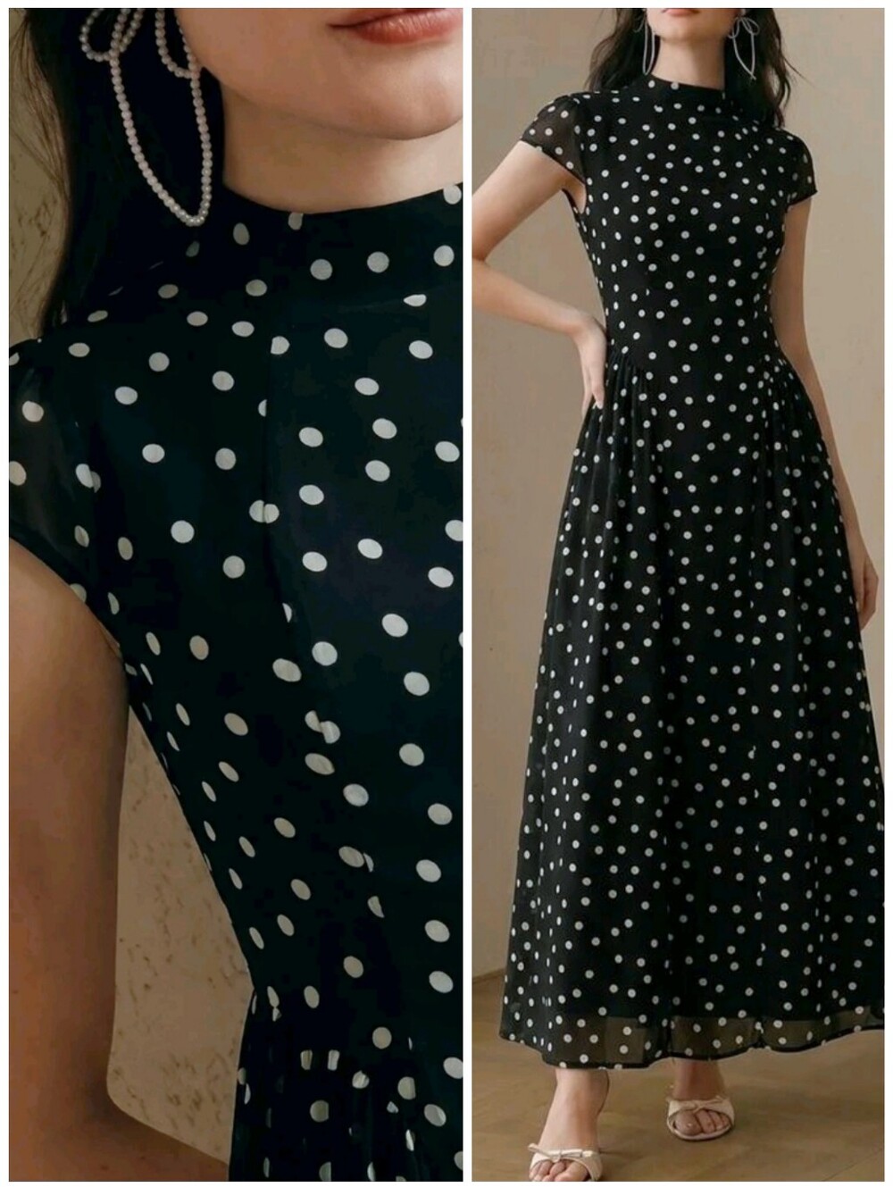 New Chiffon Polka Dot Midi Dress Basque Waist Short Sleeve Black White